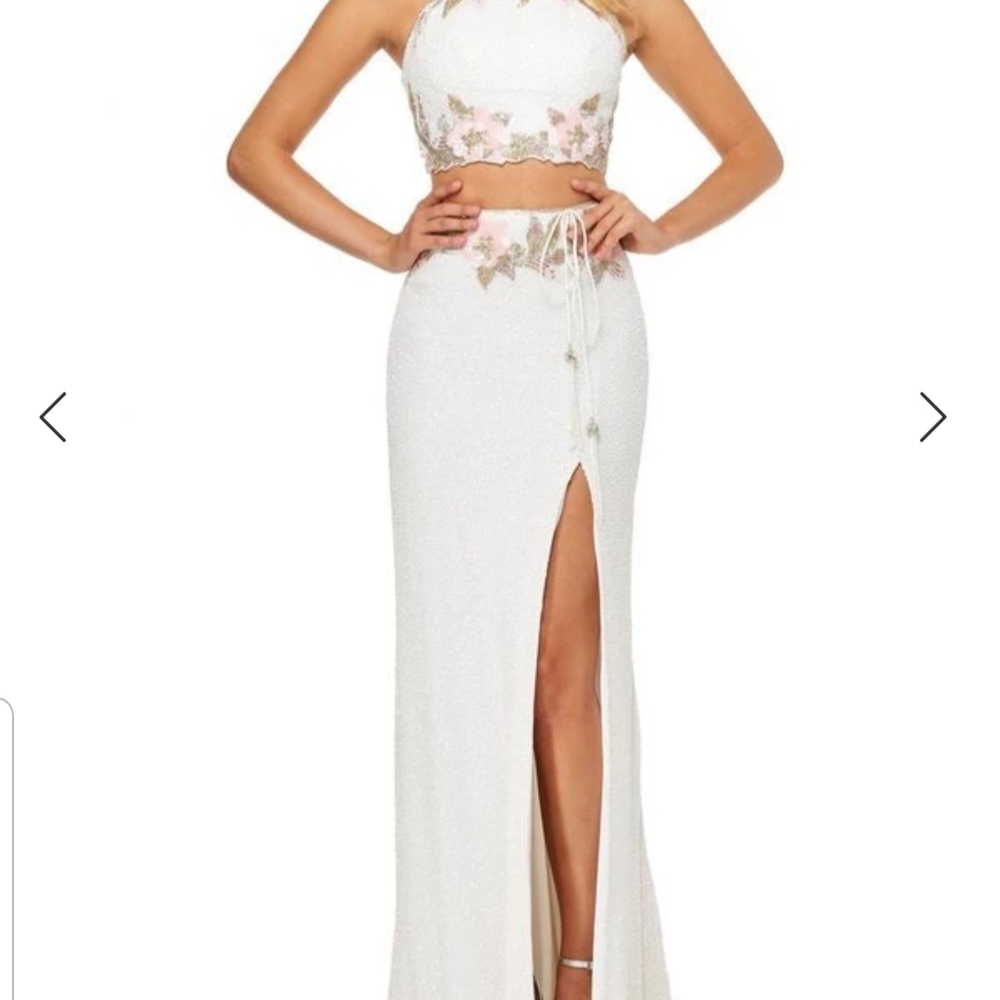 Sherri Hill White Strapless Dress with Floral Accents